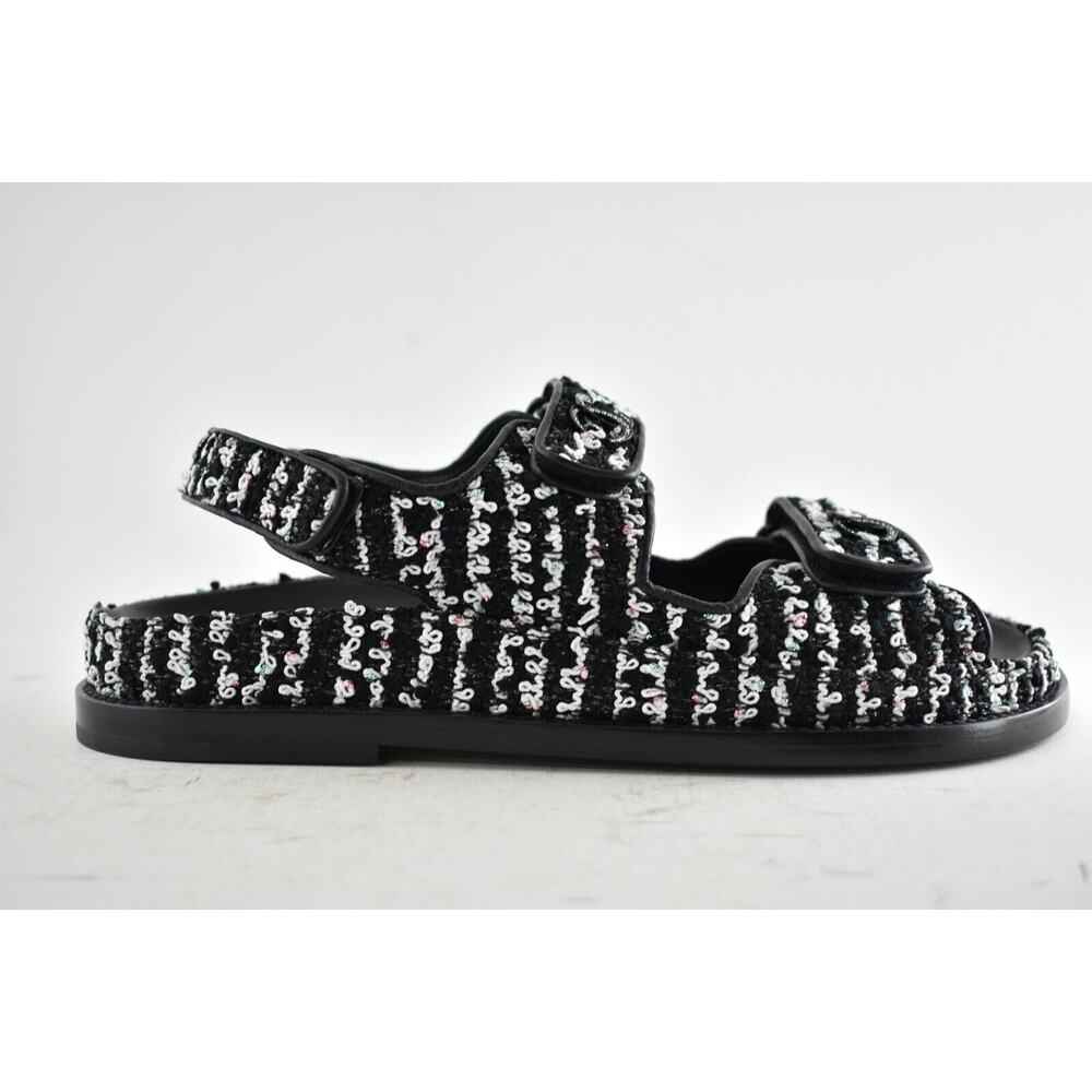 Chanel 22C Black White Tweed CC Logo Mule Slide Strap Flat Dad Teva Sandal 38.5 - Picture 2 of 11